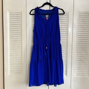 Vince Camuto Blue Tiered Dress Size 16 Sleeveless Ruffle Neck Fit & Flare Chiffo
